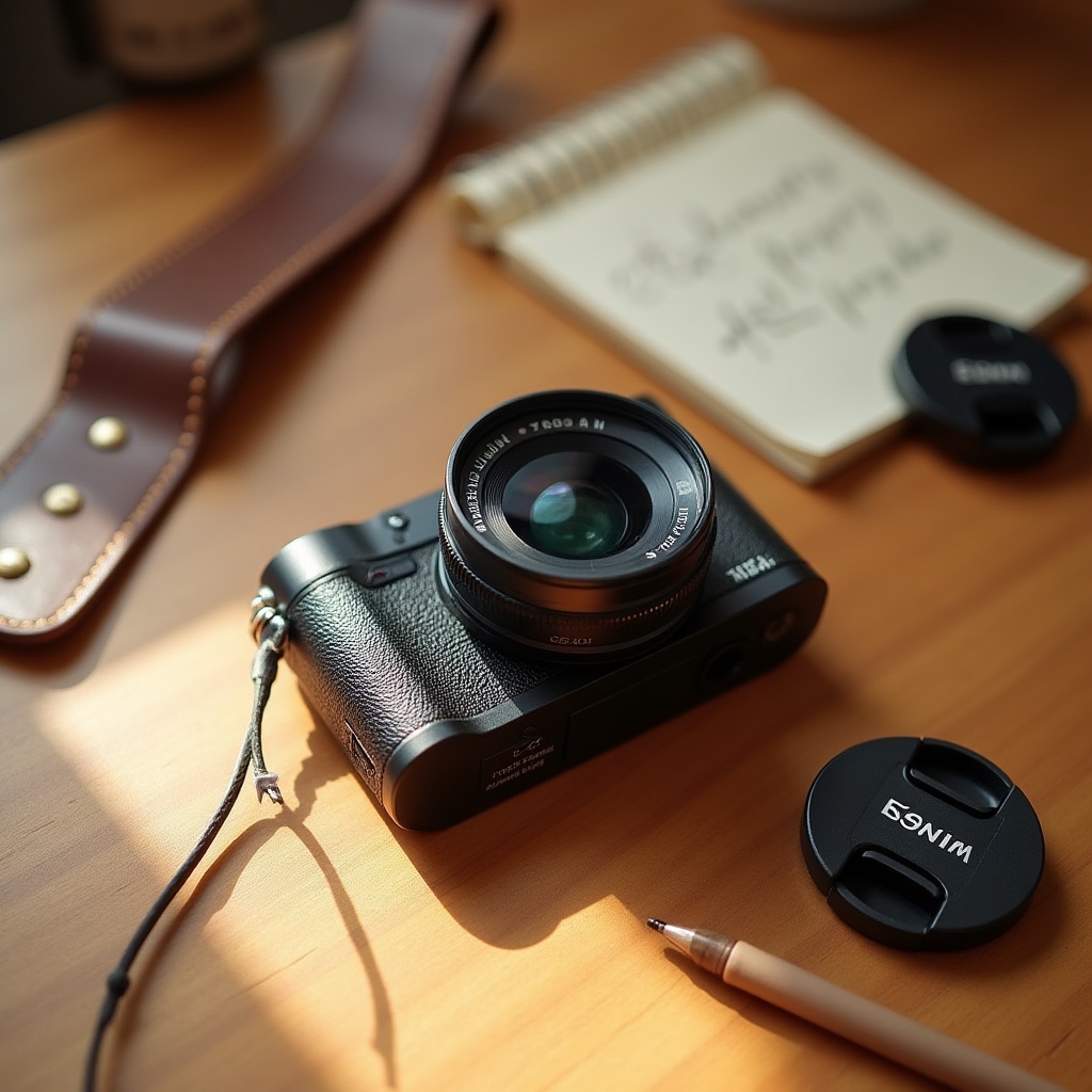 Macchina fotografica mirrorless con obiettivo su superficie di legno caldo con accessori fotografici
