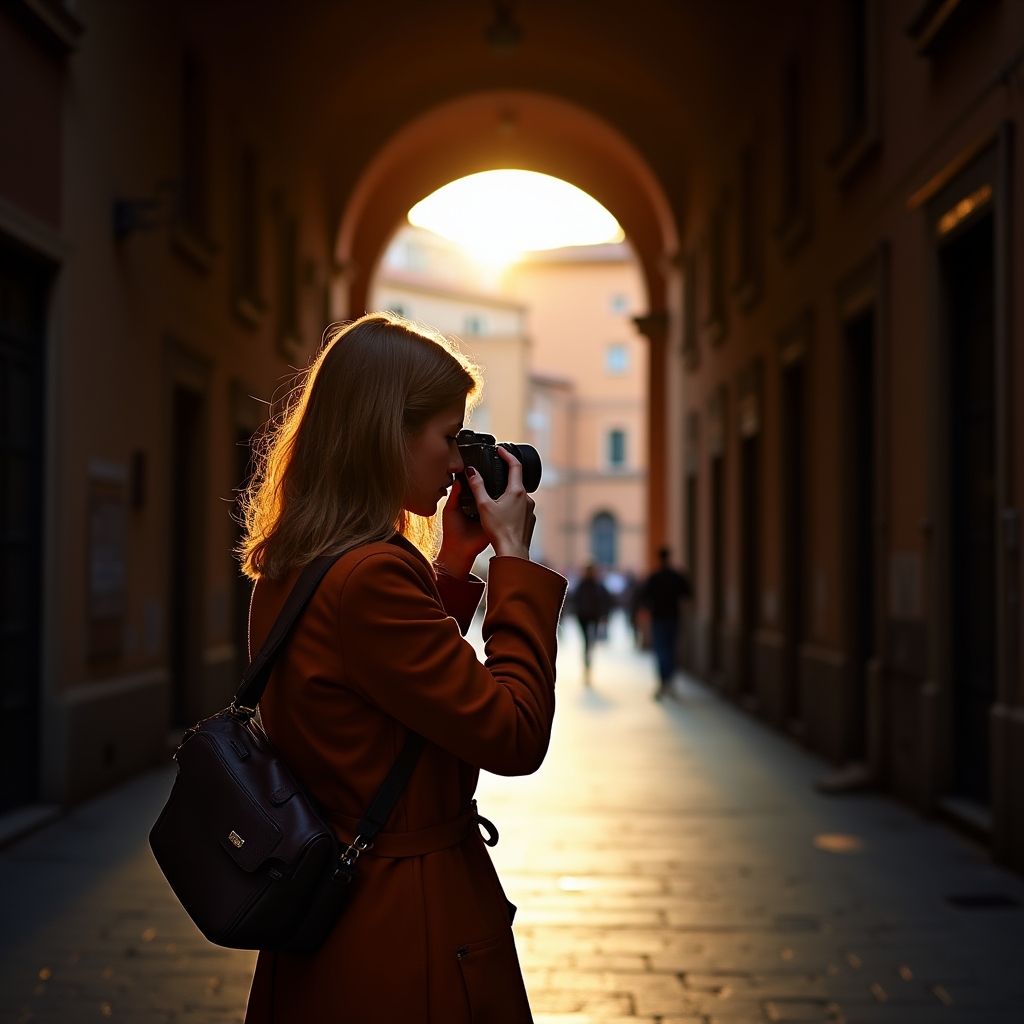 Fotografa che lavora nei vicoli storici di Bologna con luce naturale serale