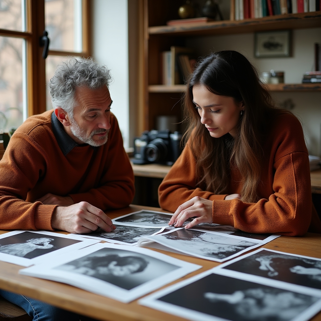 Istruttore di fotografia che analizza immagini con un partecipante al corso