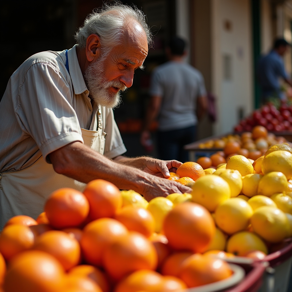 Venditore di frutta al mercato di Palermo fotografato con luce naturale intensa