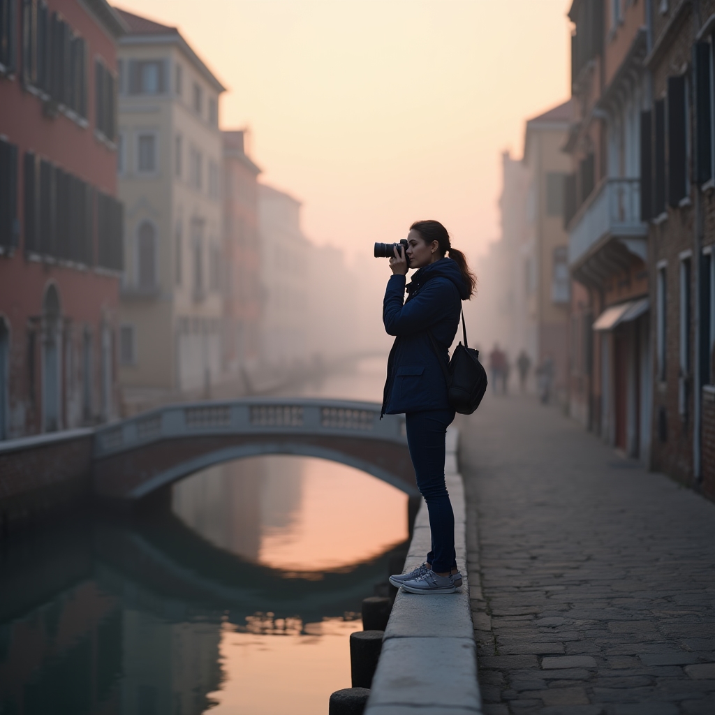 Partecipante al corso che fotografa canali veneziani all'alba con nebbia leggera