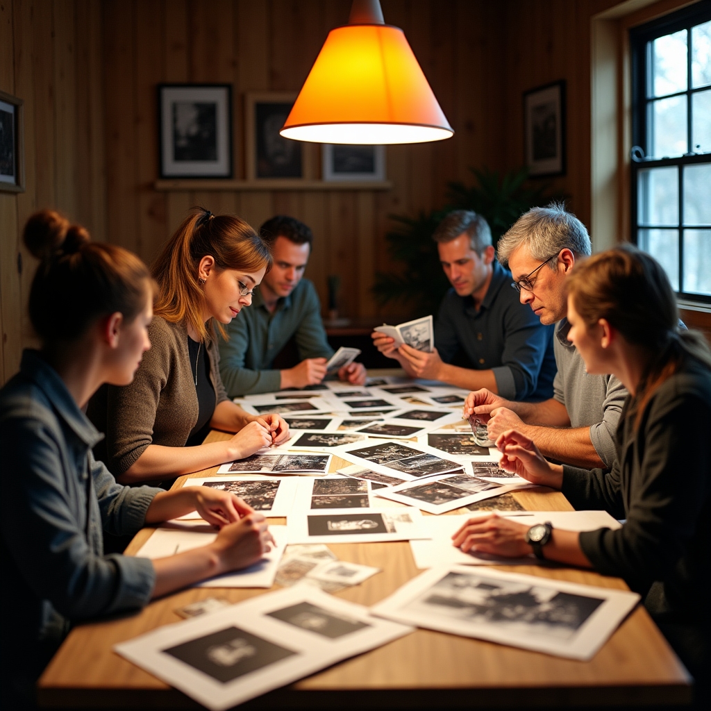 Gruppo di fotografi che analizzano stampe fotografiche su un tavolo in uno spazio luminoso