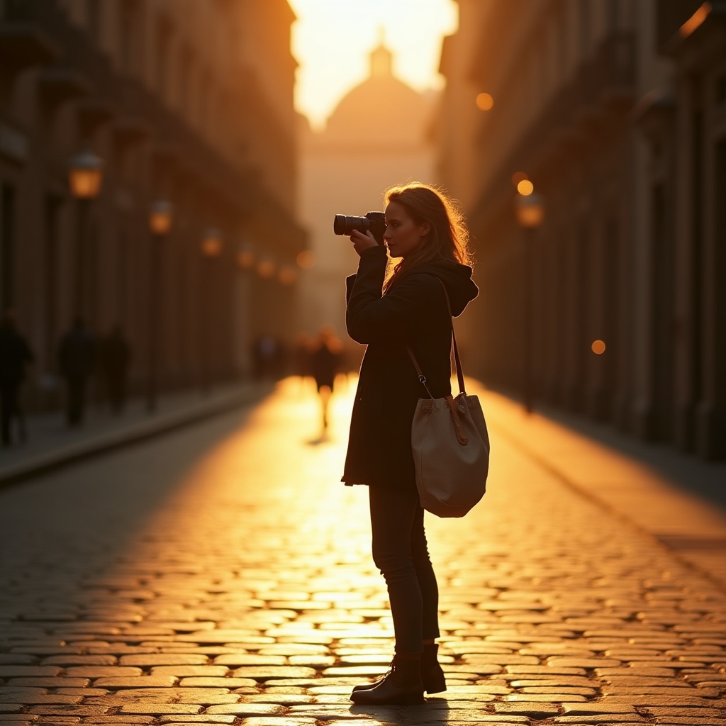 Fotografo che cattura scene di strada in una città italiana al tramonto