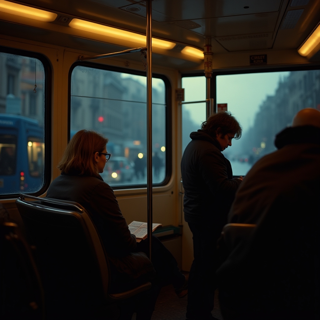 Passeggeri sul tram di Milano ripresi in controluce con atmosfera serale